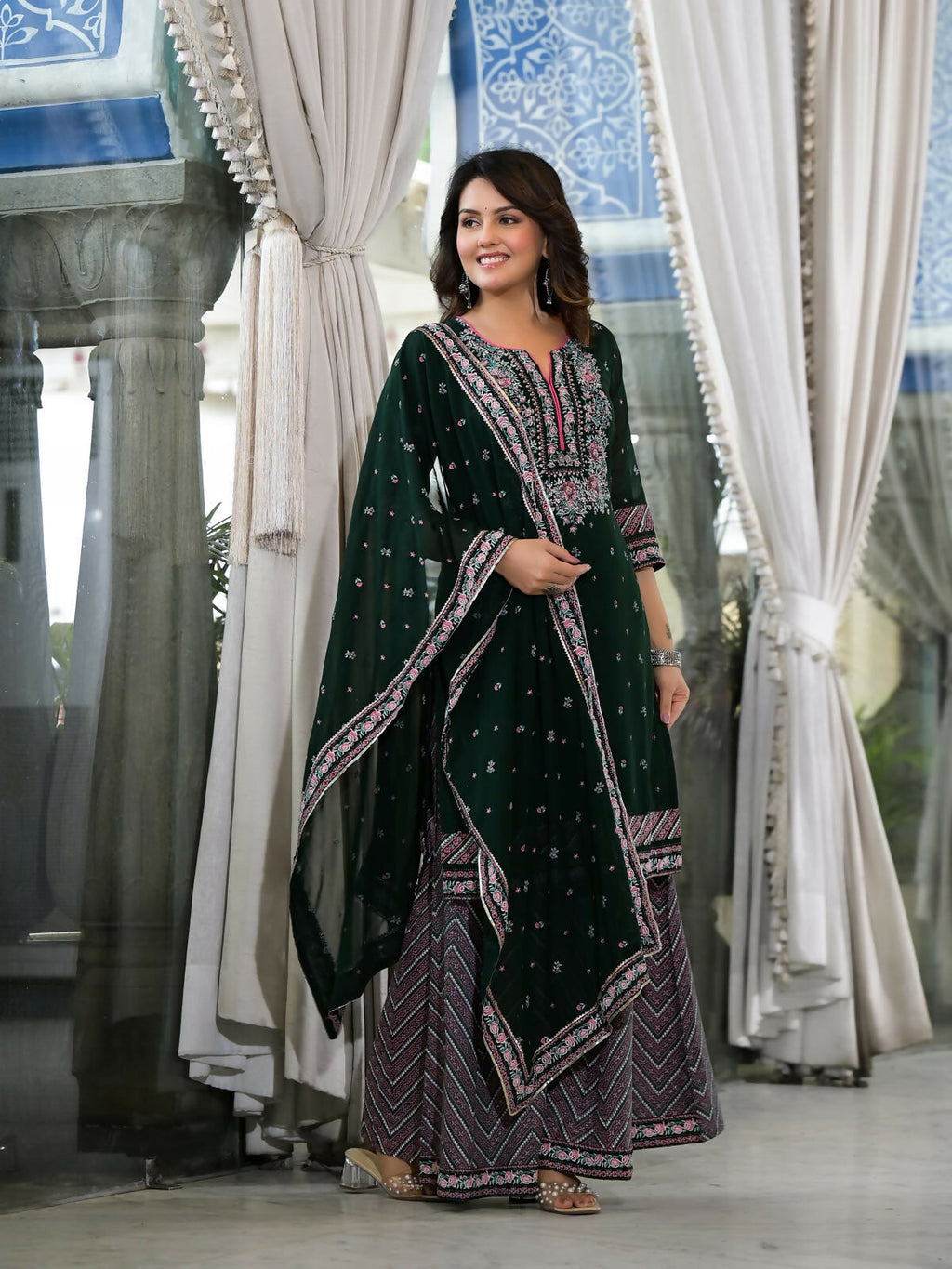 Juniper Women's Green Floral Printed Georgette Kurta Sharara & Dupatta Set With Sequins | Grocsy