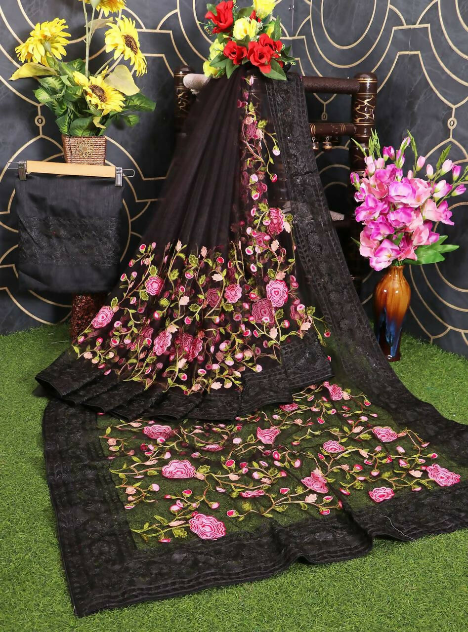 Teeya Creation Womens Latest Stylish Party Wear Soft Net Saree-Black | Grocsy
