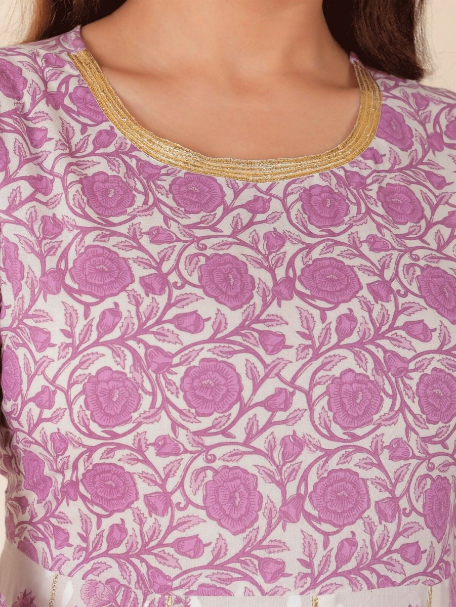 Aramya Anarkali Soft Cotton Floral Print Women's Kurta - White | Grocsy