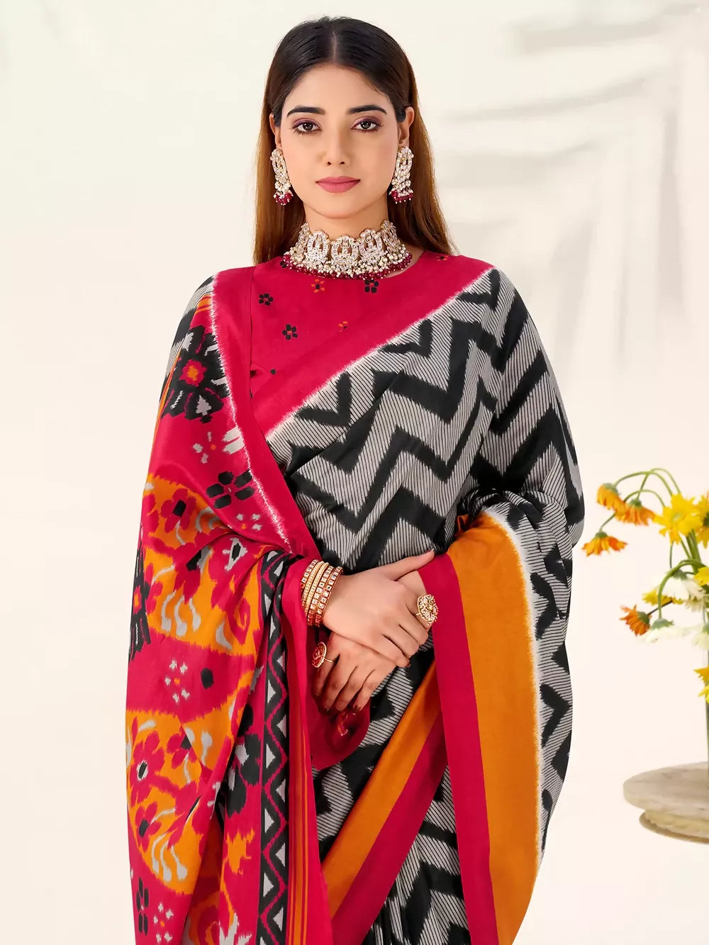 Vastranavya Black Tussar Silk Zigzag Waves Printed Saree with Unstitched Blouse | Grocsy