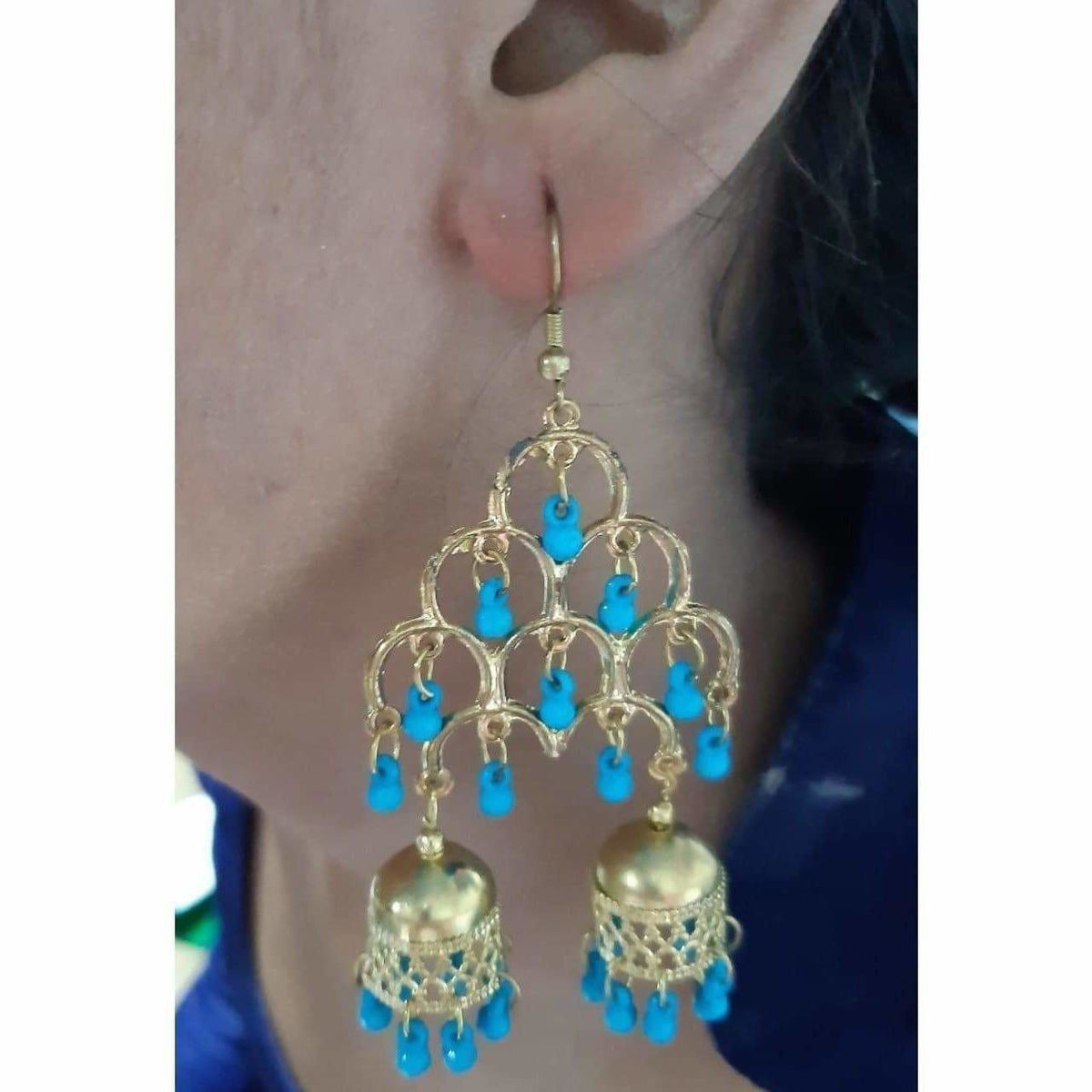 MS Fashion India Gold-Polished Fashion Traditional Double Jhumka Long Blue Pearls Earrings | Grocsy
