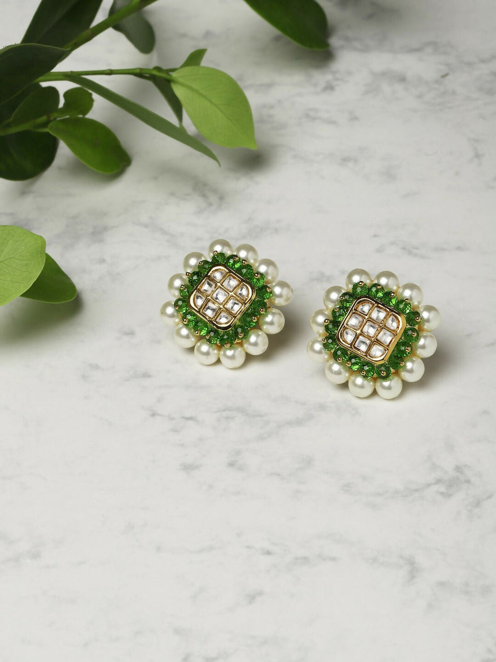 Pearl Kundan Studs with Green Stone Detailing- Ruby Raang | Grocsy