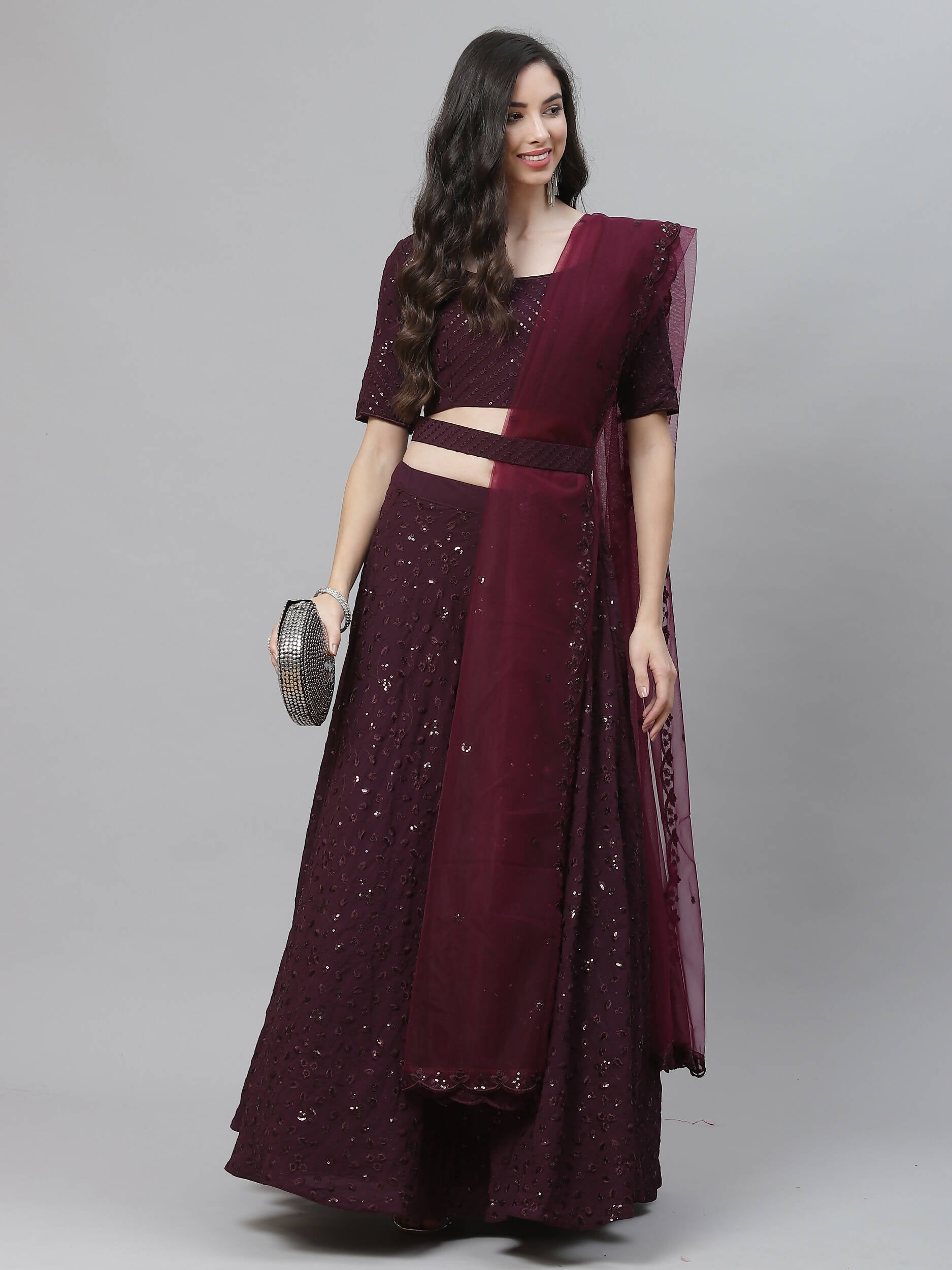 Purple Georgette Thread with Sequins Embroidery Work Lehenga Choli with Dupatta - Jivika | Grocsy