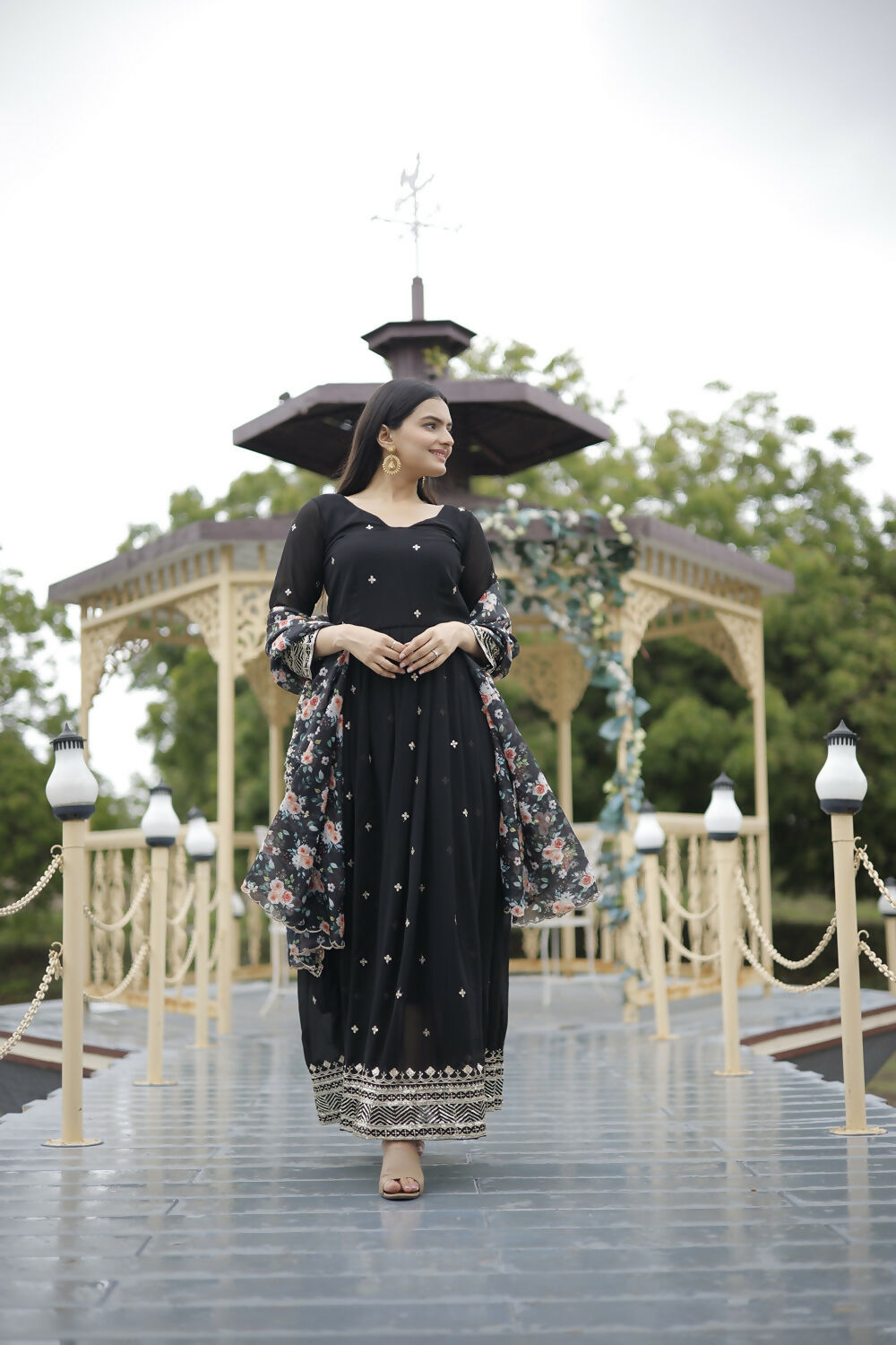 Aayaa Designer Embroidery Zari Sequins-Work Faux Blooming Georgette Suit - Black | Grocsy