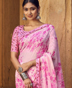 Light Pink Silver Chiffon Printed Saree With Unstitched Blouse Piece - Jyoti | Grocsy