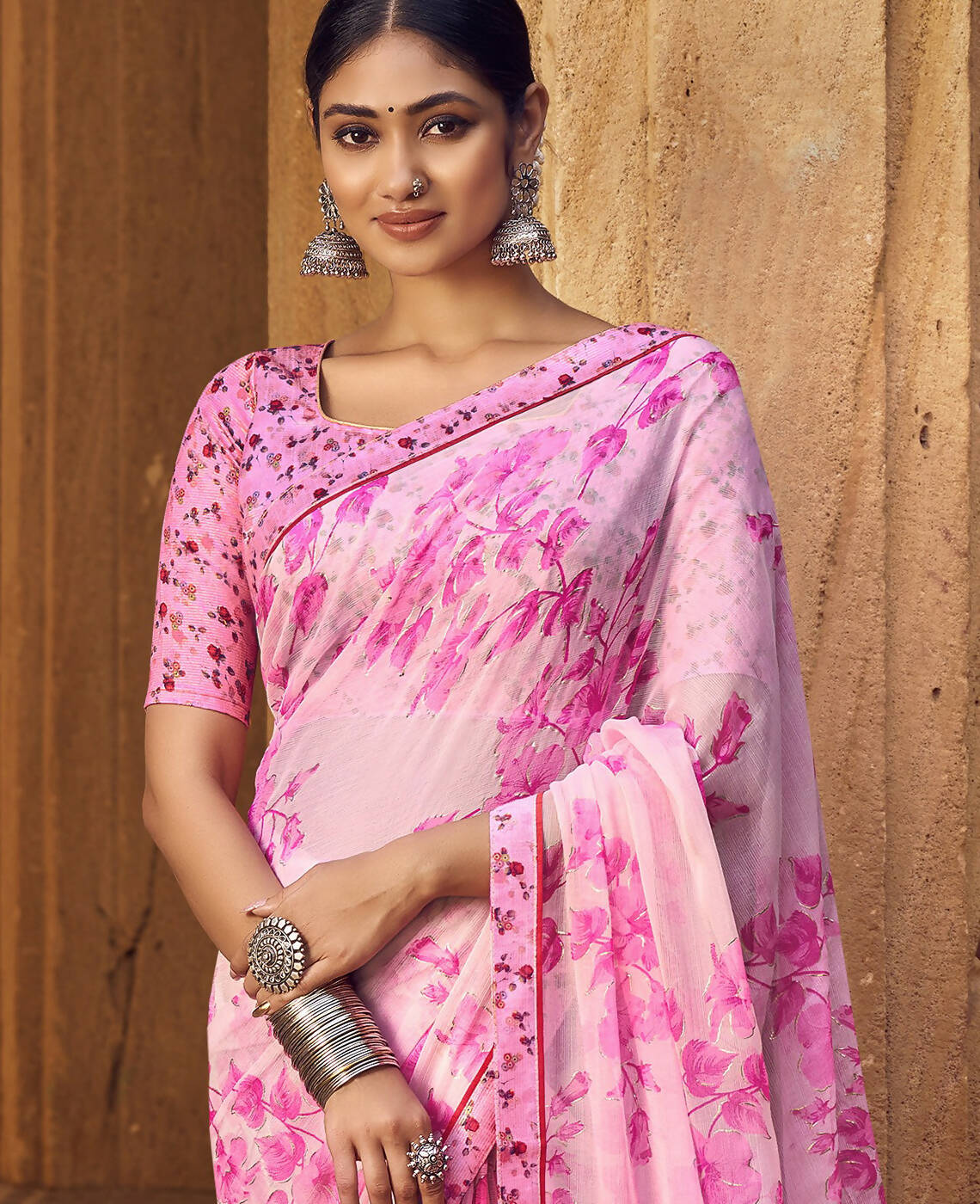 Light Pink Silver Chiffon Printed Saree With Unstitched Blouse Piece - Jyoti | Grocsy