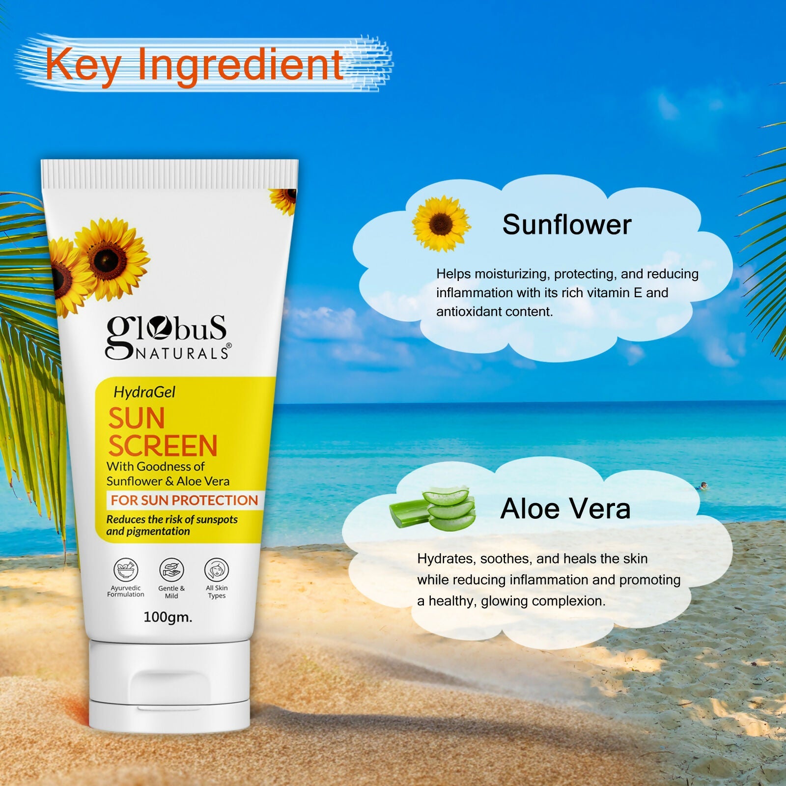 Globus Naturals Hydra Gel Sunscreen With Goodness of Sunflower & AloeVera For Sun Protection All Skin Types | Grocsy