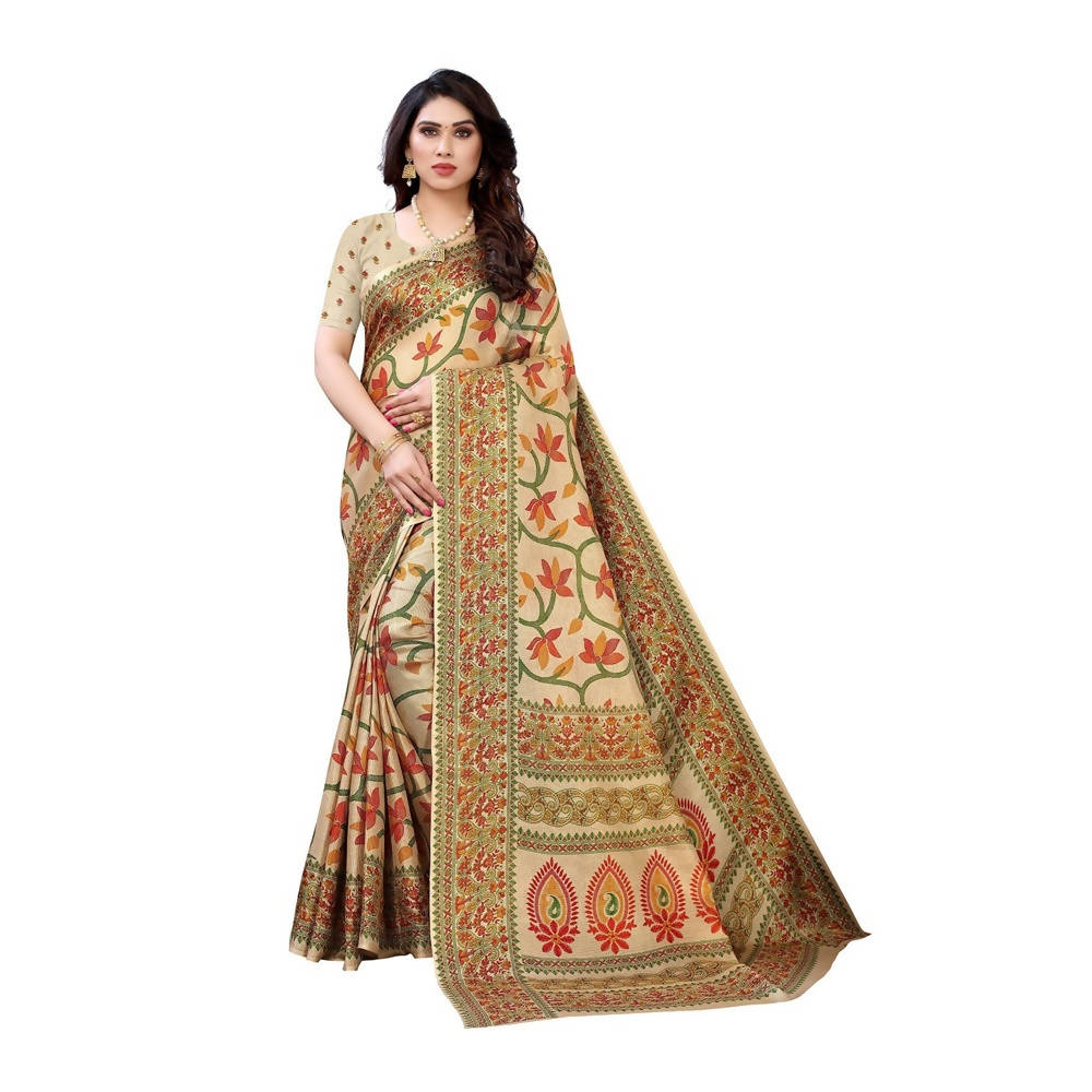 Vamika Printed Jute Silk Brown Saree (Rishika Chiku) | Grocsy