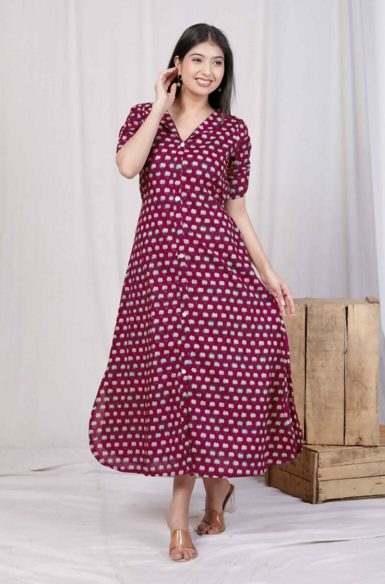 Miravan Women's Relaxed Fit Red Floral Printed A-Line Pure Cotton Midi Dress | Grocsy