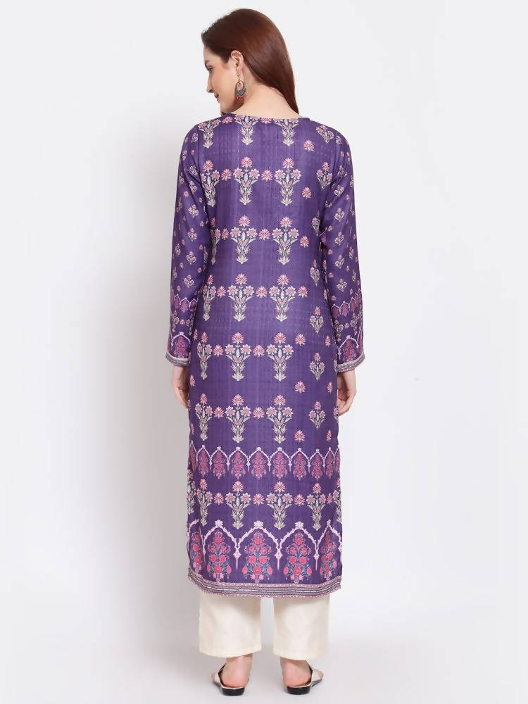 Myshka Women's Purple Printed Pashmeena Full Sleeve Round Neck Casual Kurta | Grocsy