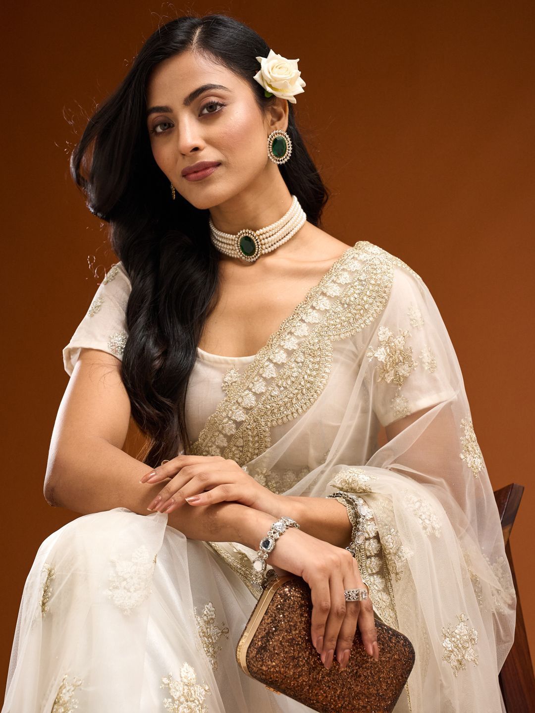 kasee Floral Embroidered Net Saree | Grocsy