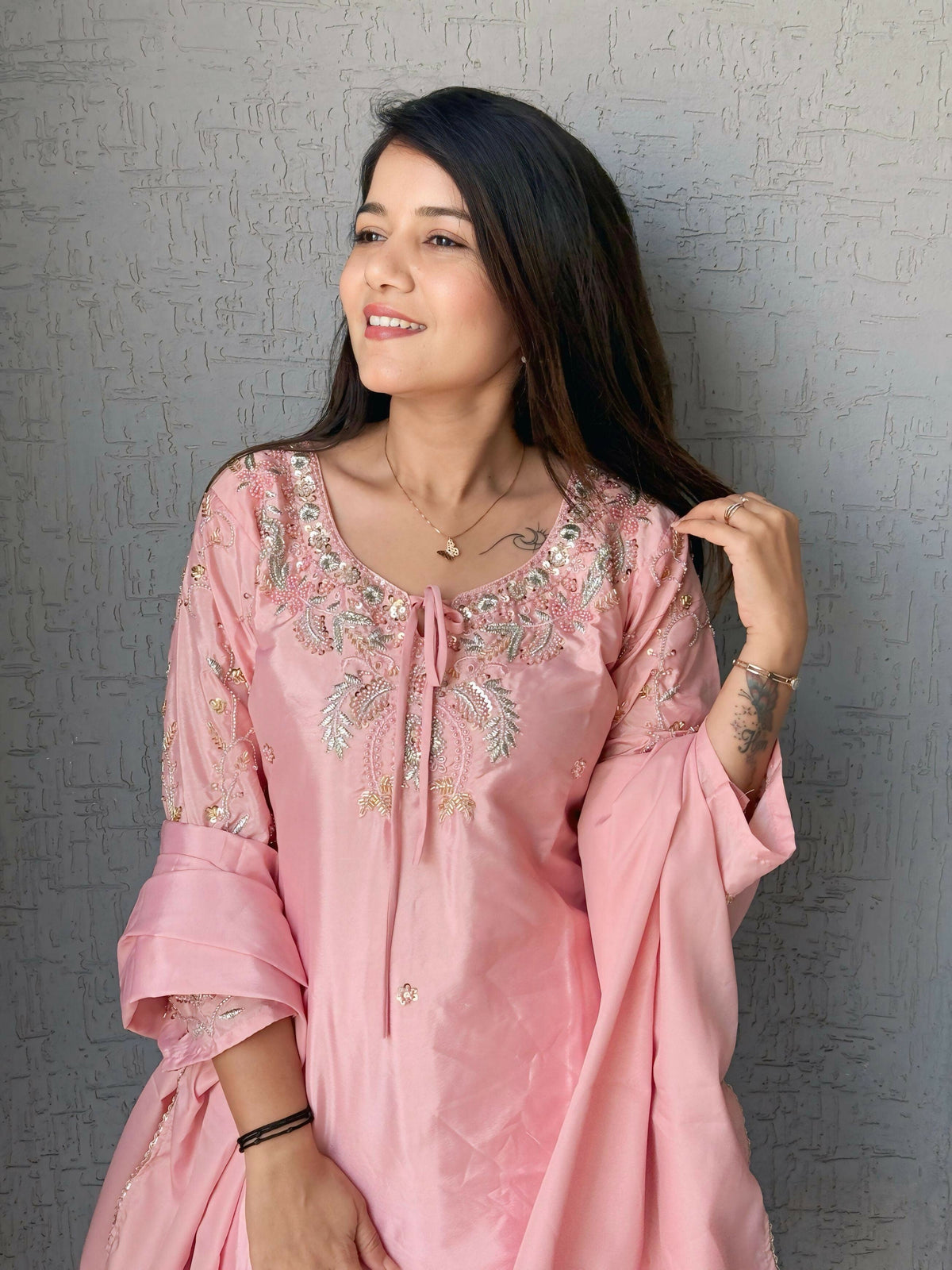 Anaita Baby Pink Crape Readymade Kurti Set with Beads Sequence Work | Grocsy