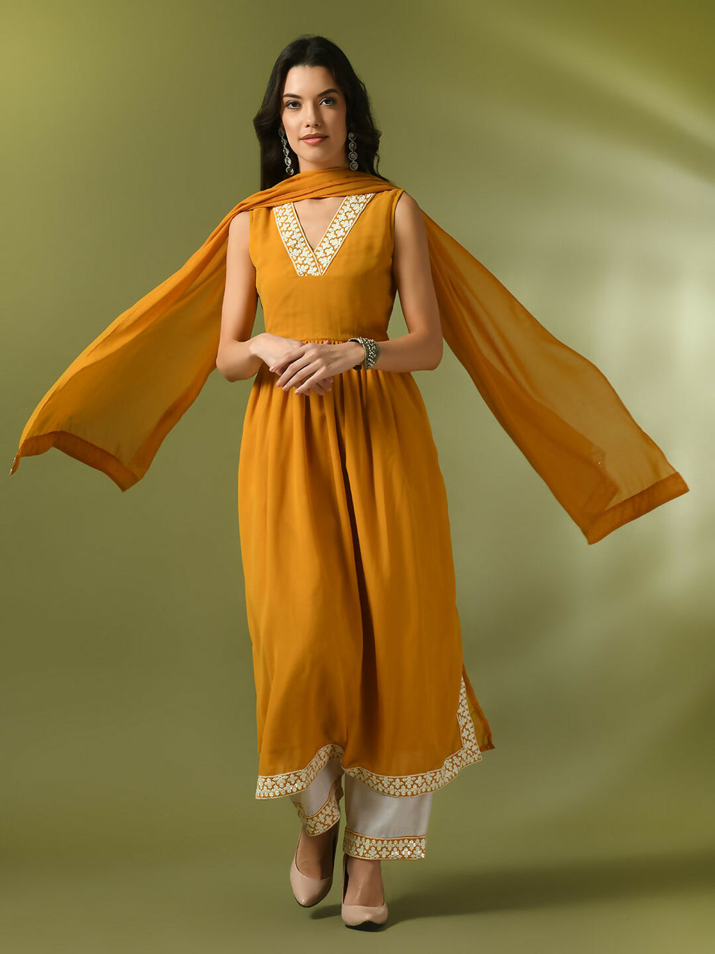Myshka Women's Yellow Solid Georgette Anarkali Party Kurta Set With Dupatta | Grocsy
