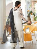 Nikhaar Cream Embroidered Organza Stitched Straight Cut Kurta Farshi Salwar Dupatta Readymade Suit | Grocsy