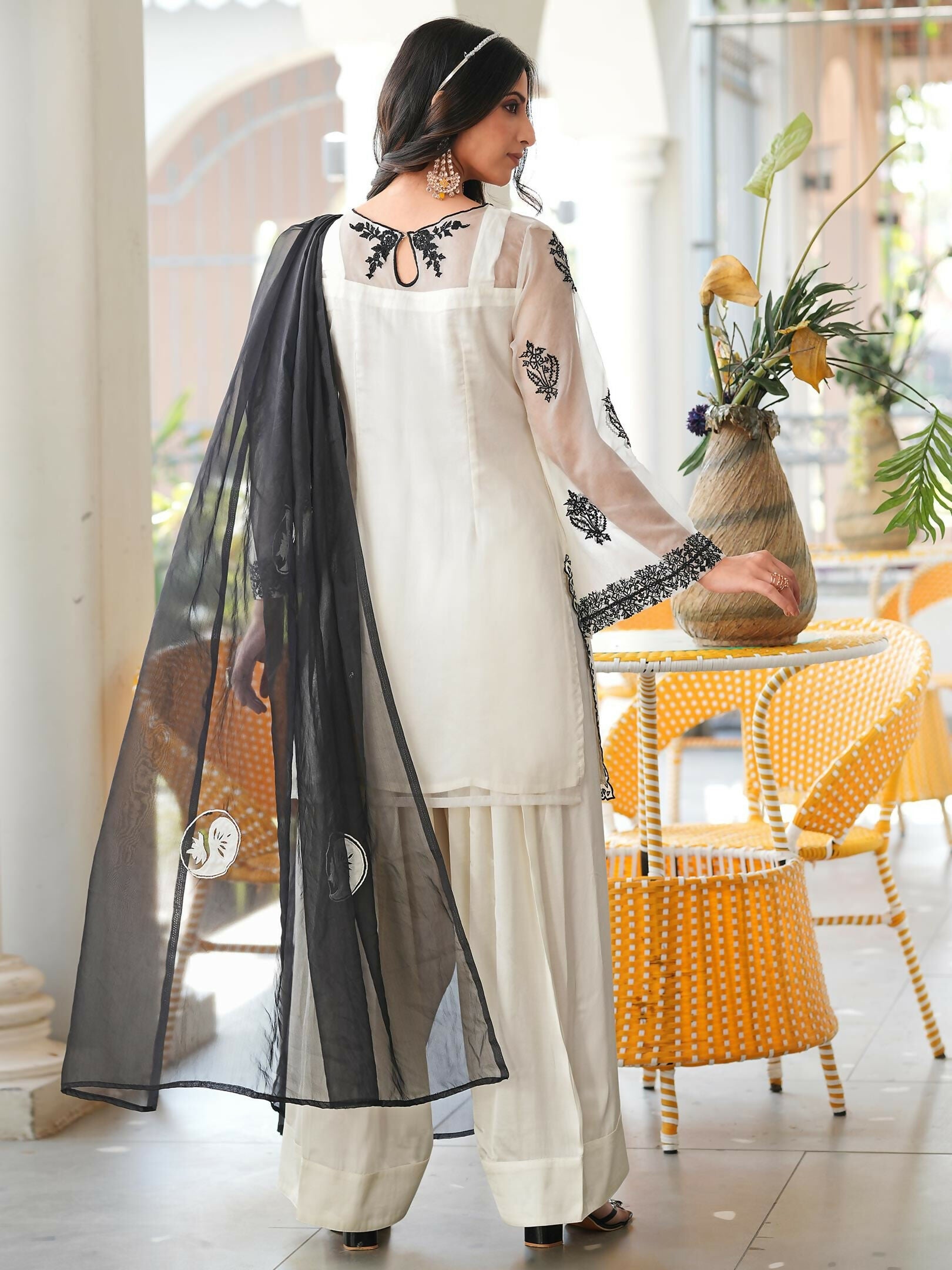 Nikhaar Cream Embroidered Organza Stitched Straight Cut Kurta Farshi Salwar Dupatta Readymade Suit | Grocsy