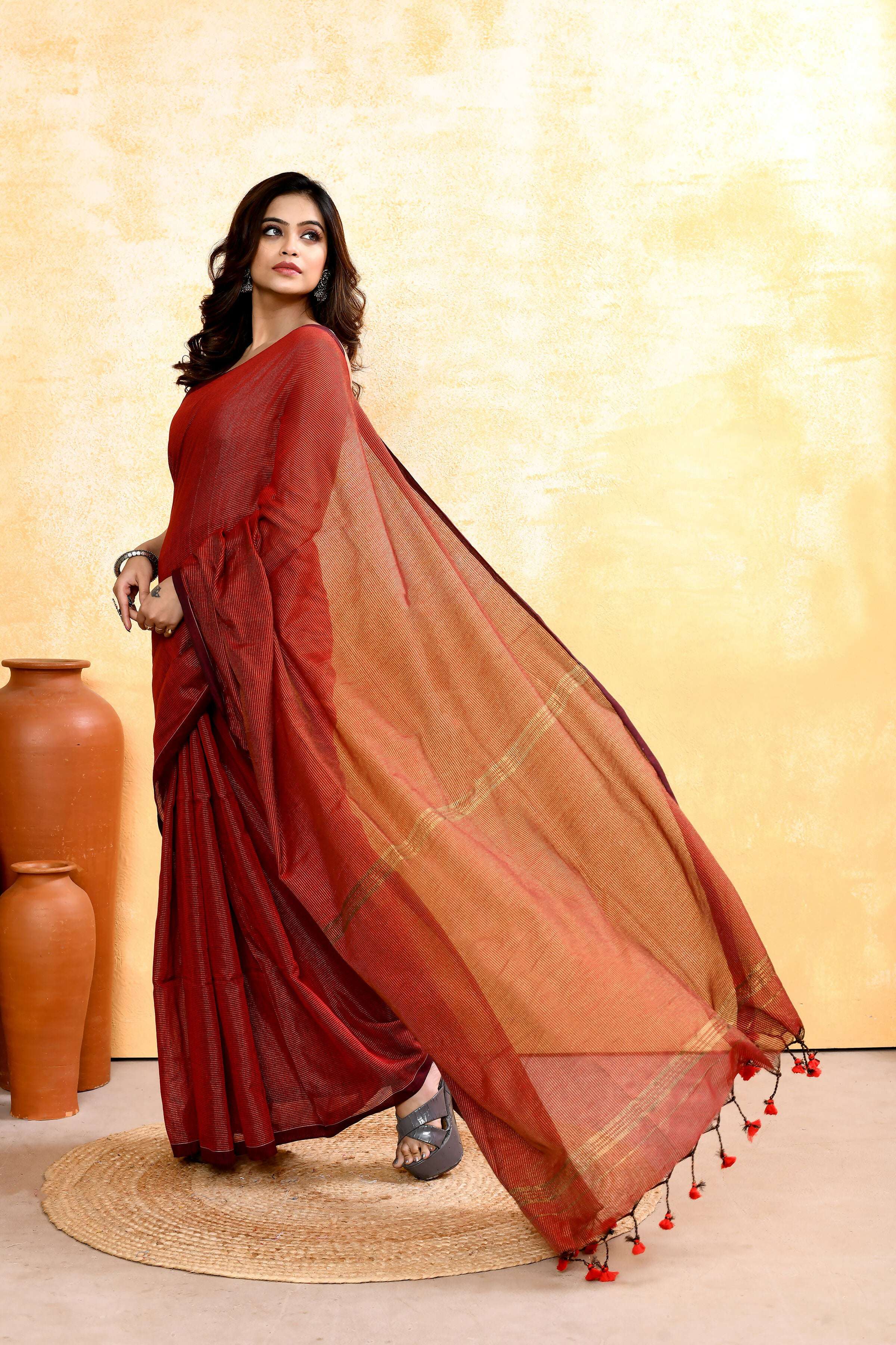 Piyari Fashion Women's Maroon Embellished Cotton Blend Zari Check Handloom Saree | Grocsy