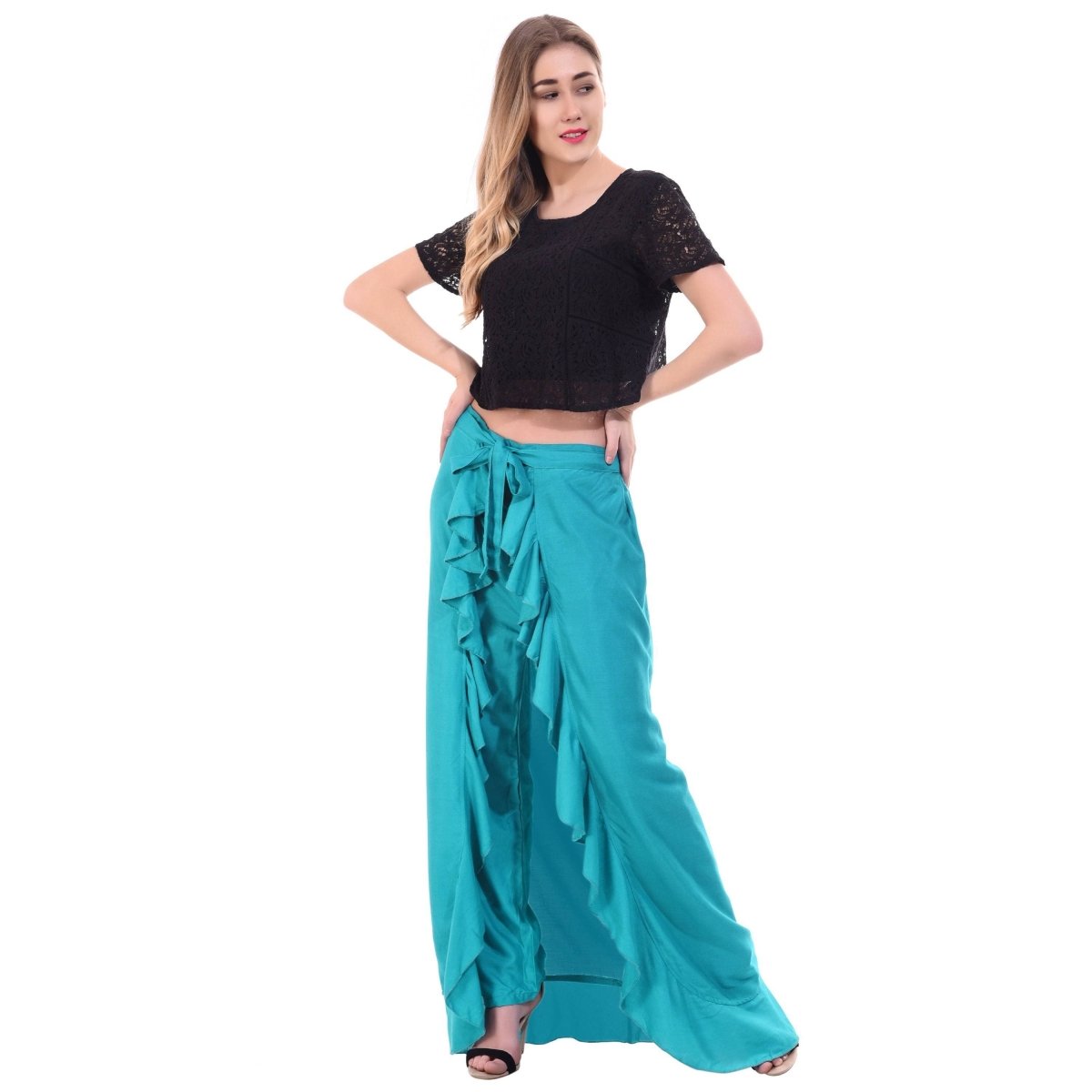 Asmaani Turquoise Color Plain Ruffle Palazzo | Grocsy