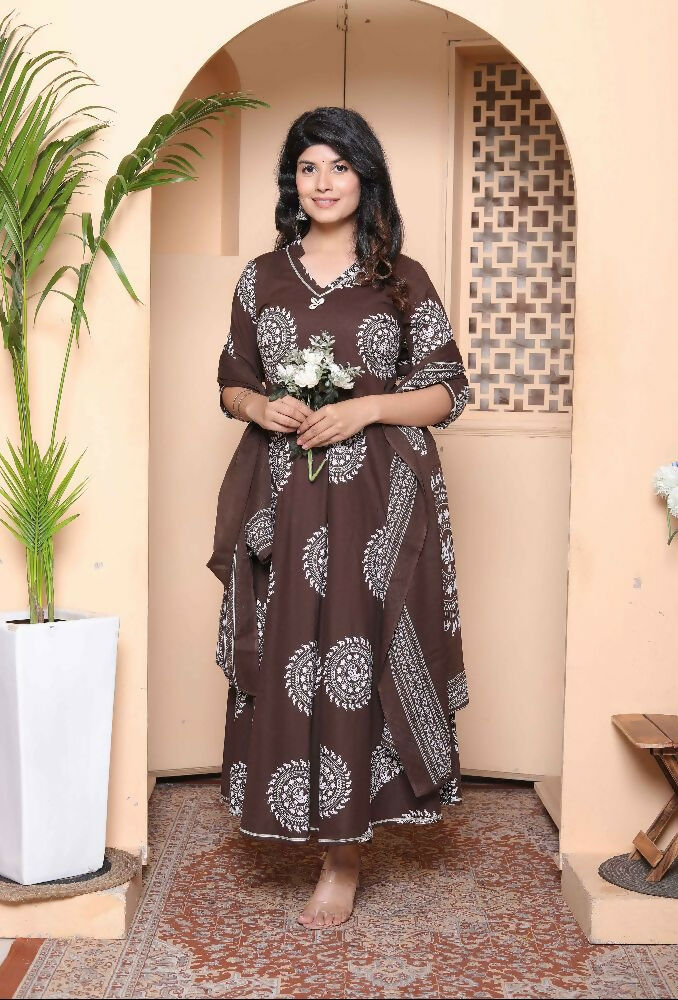 Miravan Womens Brown Animal Printed Anarkali Kurta With Dupatta Set | Grocsy