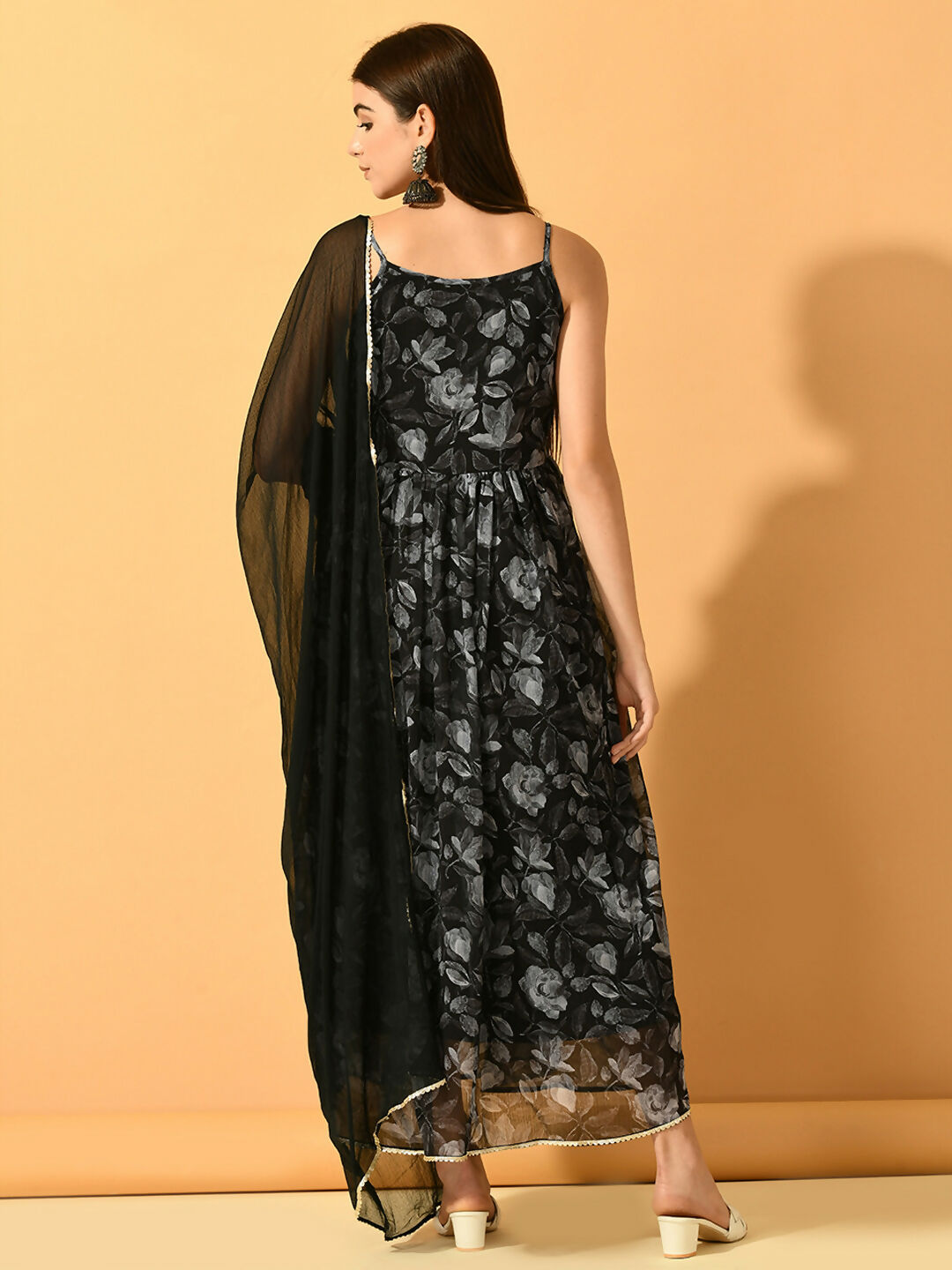 Myshka Women's Black Festive Flared Anarkali Kurta With Dupatta sets | Grocsy