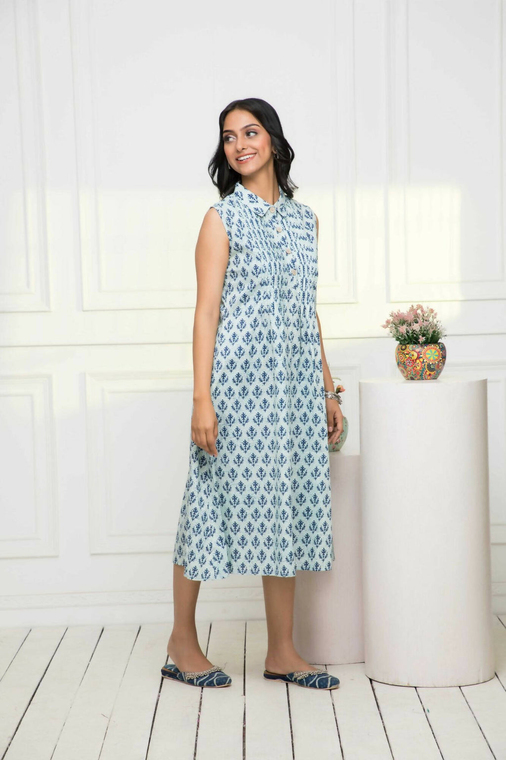 Myshka Women Blue Ethnic Motifs Cotton A-Line Mandarin Collar Dress | Grocsy