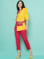 Women Republic Pink And Yellow Cotton Silk hand Embellished Coord set with Pouch | Grocsy