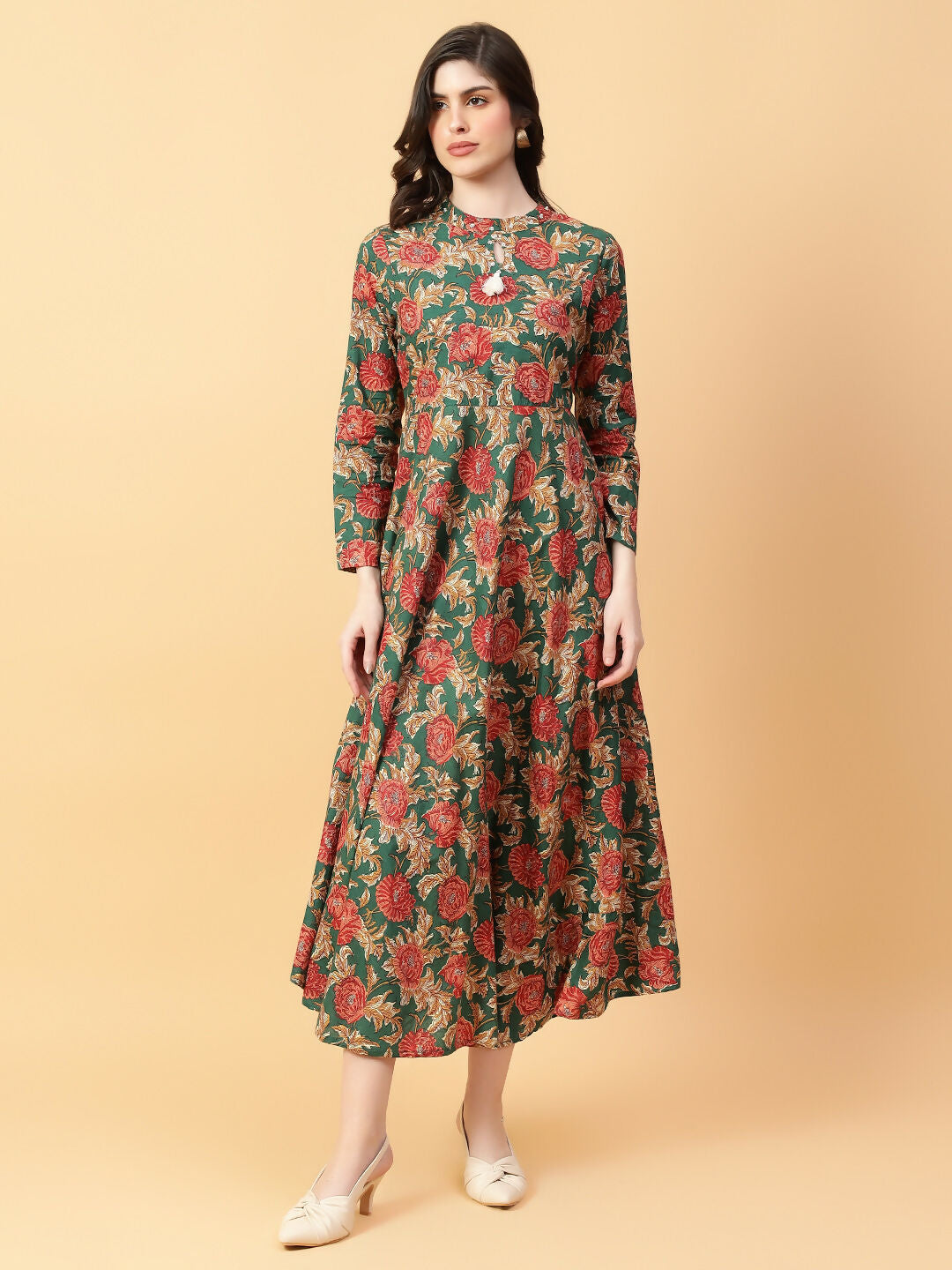 Joban Fashion Green Cotton Printed & Hand Work Dress | Grocsy