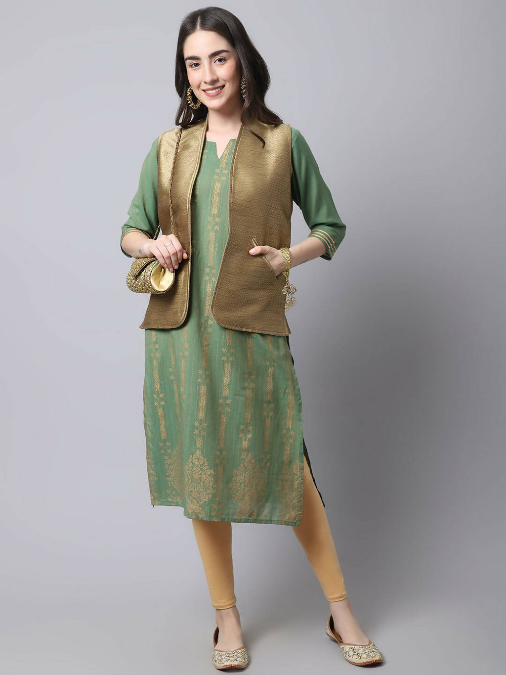 Even Apparels Beige Bansari Silk Open Front Women's Gillet | Grocsy