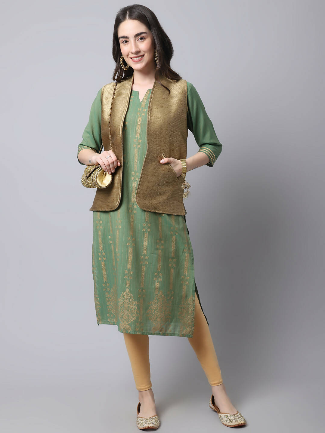 Even Apparels Beige Bansari Silk Open Front Women's Gillet | Grocsy