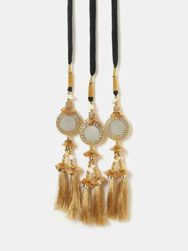 Ruby Raang Gold Gota Pati Work And Threads With Pearls And Black Thread And Mirrors | Grocsy