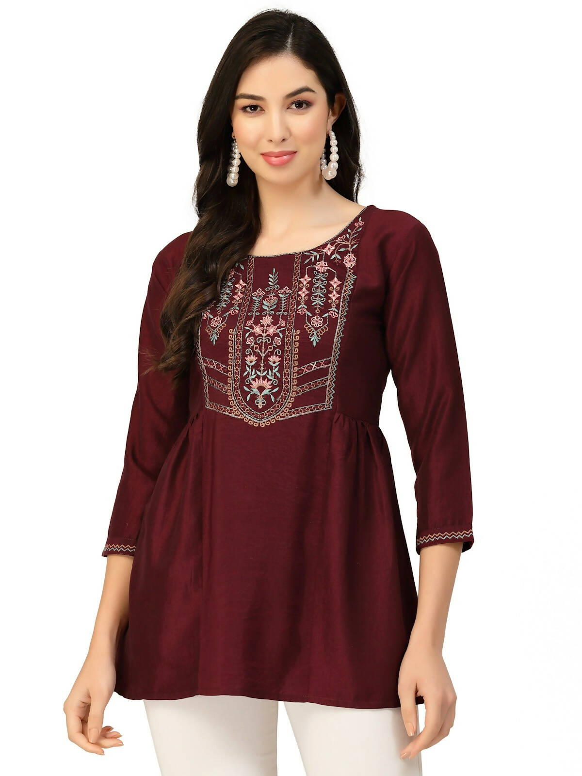 Wine Chinon Floral Embroidered Top - Zeny | Grocsy