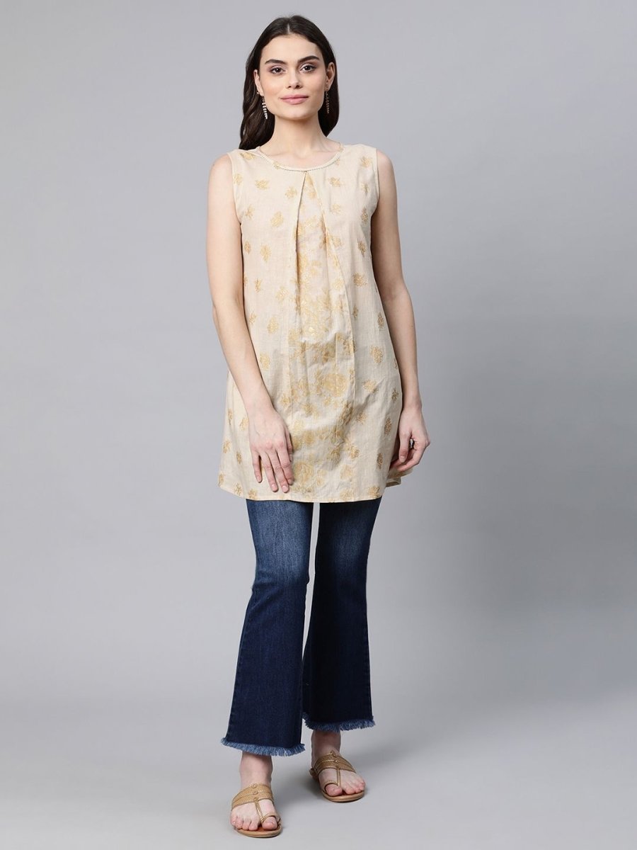 Ahalyaa Women Beige Pure Cotton Floral Printed Tunic | Grocsy