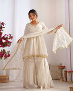 Teeya Creation White Color Mal Chanderi Silk Mirror Work And Hand Work Sharara set | Grocsy