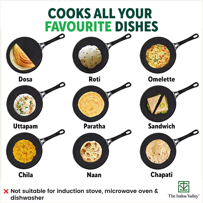 The Indus Valley CASTrong Cast Iron Concave Tawa, Pre-seasoned, Nonstick, 100% Pure, Toxin-free, Spatula, 25.4cm, 1.9kg | Grocsy