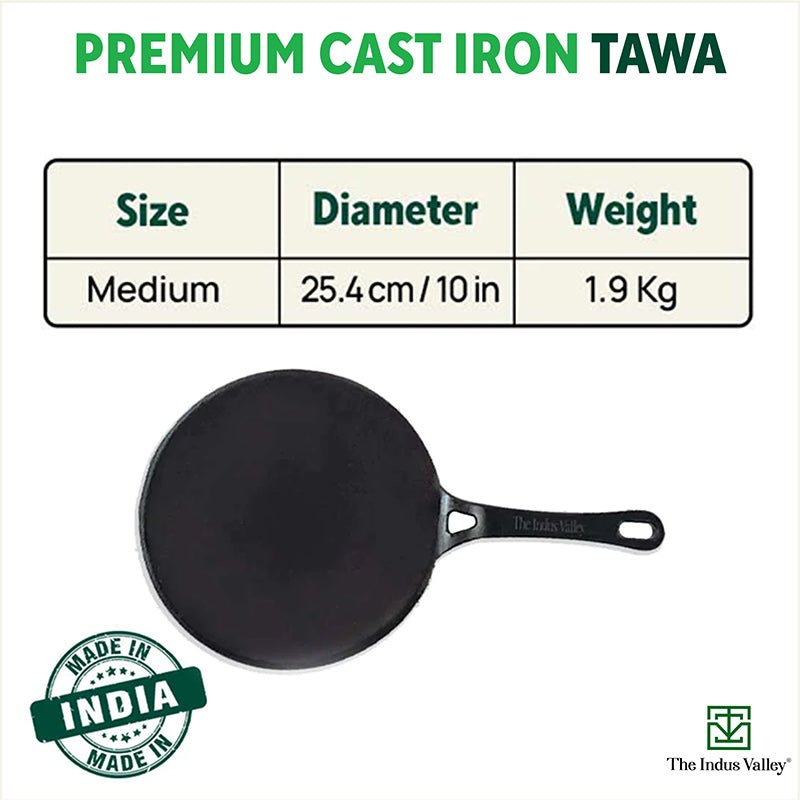 The Indus Valley CASTrong Cast Iron Concave Tawa, Pre-seasoned, Nonstick, 100% Pure, Toxin-free, Spatula, 25.4cm, 1.9kg | Grocsy