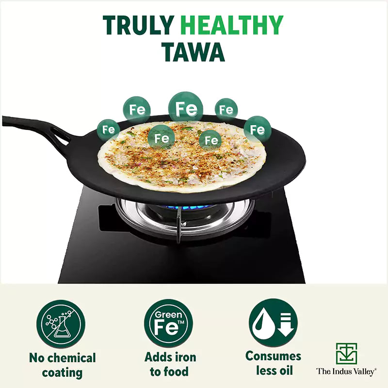 The Indus Valley CASTrong Cast Iron Concave Tawa, Pre-seasoned, Nonstick, 100% Pure, Toxin-free, Spatula, 25.4cm, 1.9kg | Grocsy
