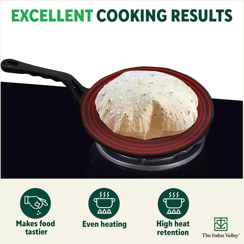 The Indus Valley CASTrong Cast Iron Concave Tawa, Pre-seasoned, Nonstick, 100% Pure, Toxin-free, Spatula, 25.4cm, 1.9kg | Grocsy
