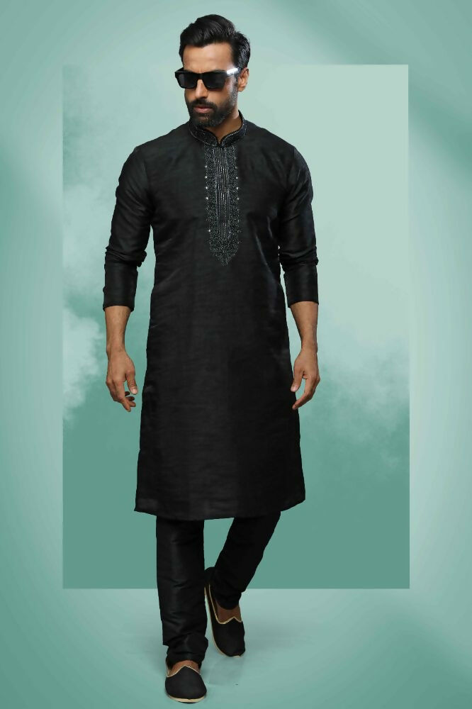 Raivat Ethnic Art Silk Mirror Embroidery Work Kurta Pajama In Black Colour | Grocsy