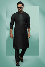 Raivat Ethnic Art Silk Mirror Embroidery Work Kurta Pajama In Black Colour | Grocsy
