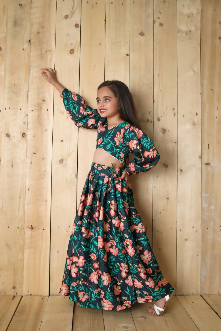 Aayaa Designer Printed Chinon Crochet Sequance Kids Lehenga Choli - Green | Grocsy