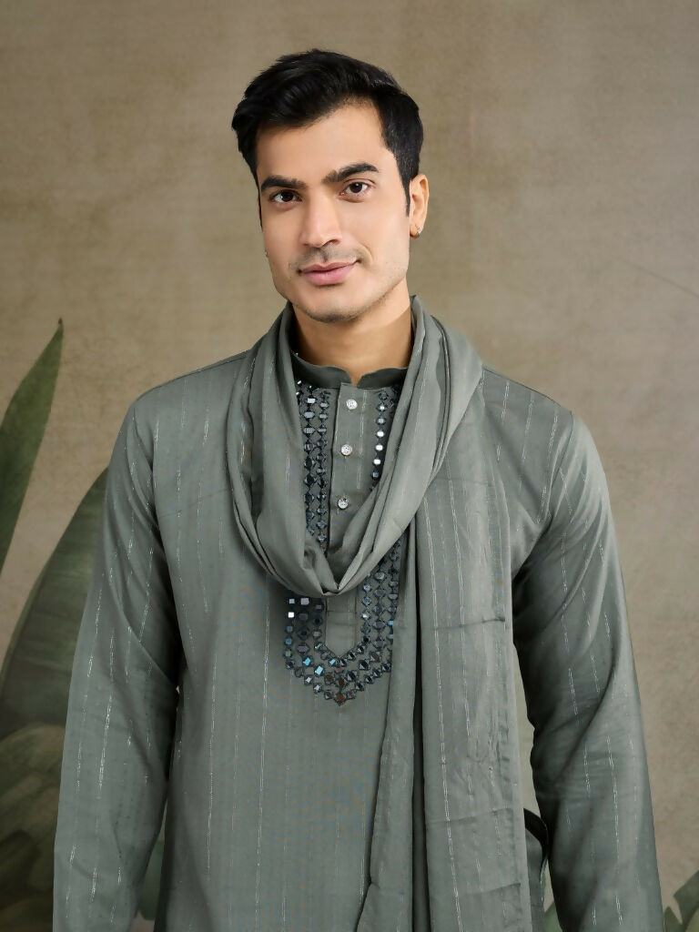 Vastranavya Rust Green Exclusive Viscose Rayon Festival Wear Real Mirror Work Kurta with Dupatta | Grocsy