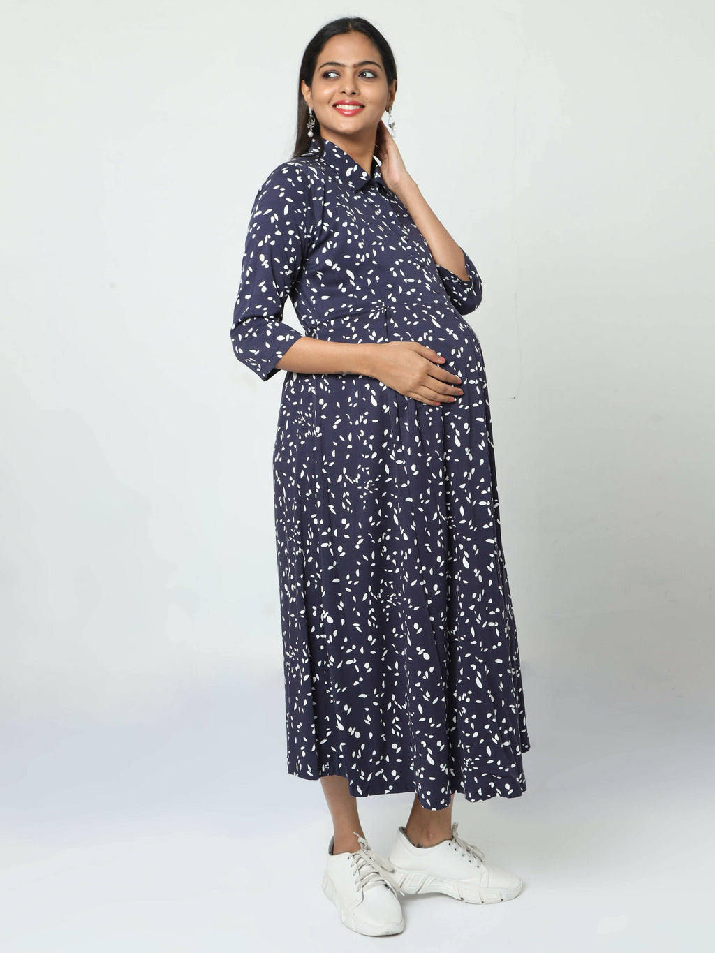 Manet Three Fourth Maternity Dress White Dot Print With Concealed Zipper Nursing Access - Navy Blue | Grocsy