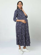 Manet Three Fourth Maternity Dress White Dot Print With Concealed Zipper Nursing Access - Navy Blue | Grocsy