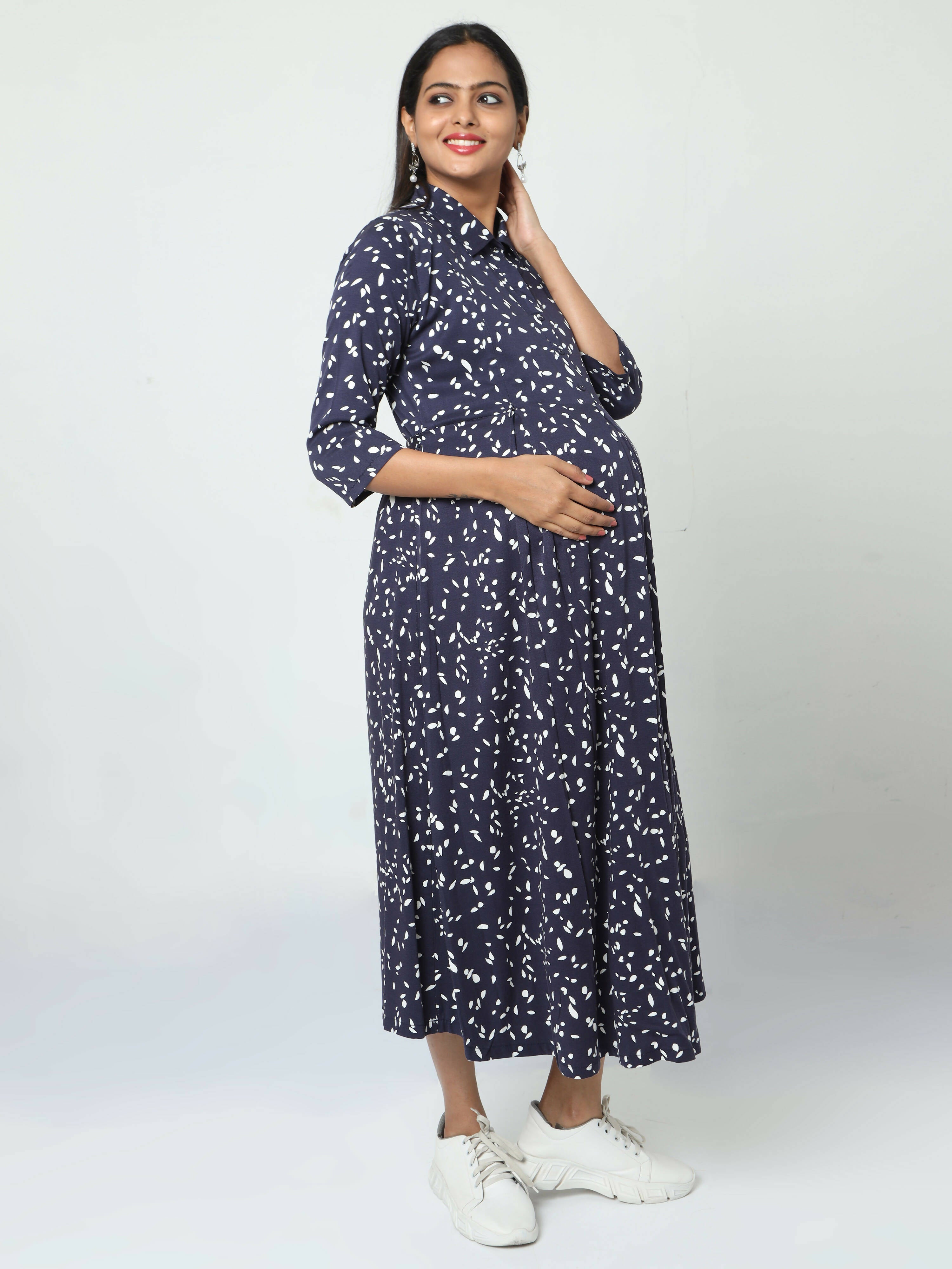 Manet Three Fourth Maternity Dress White Dot Print With Concealed Zipper Nursing Access - Navy Blue | Grocsy