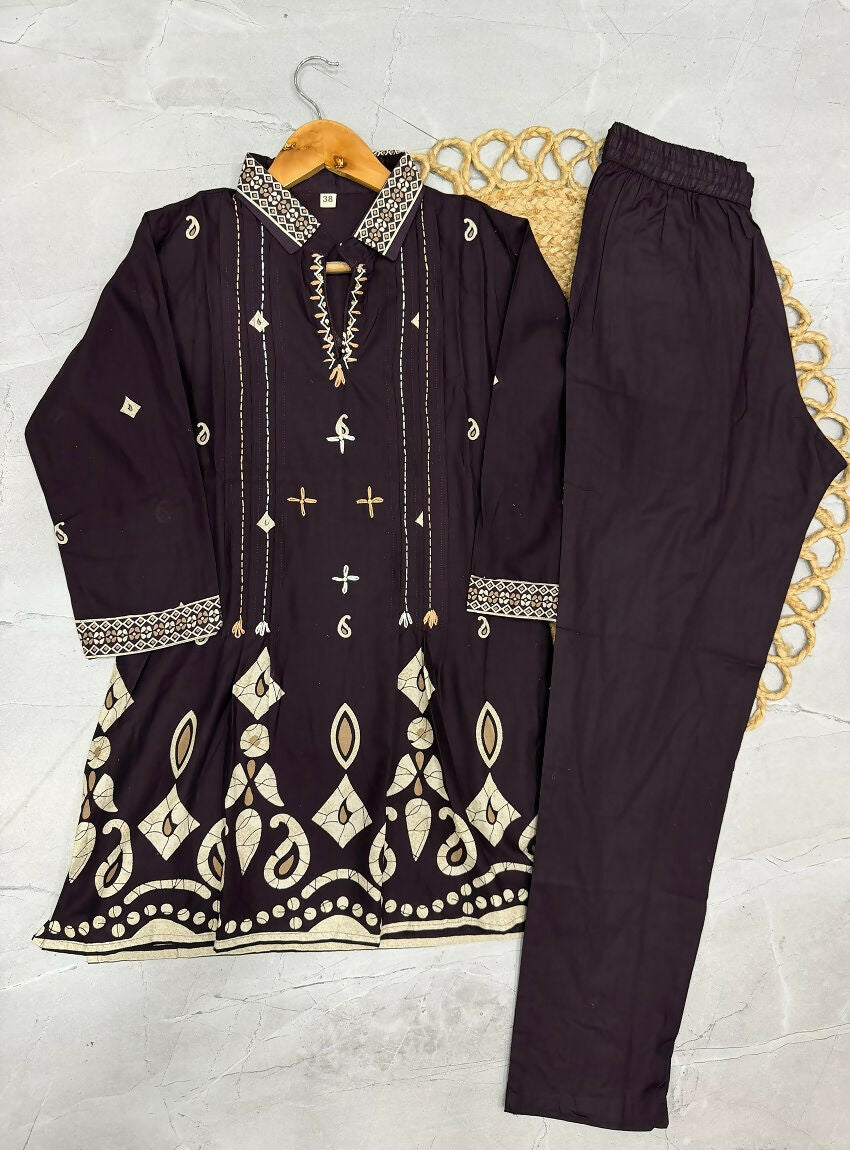 Teeya Creation Women Wine Printed Cotton Kurti With Trousers Co-Ord Set | Grocsy