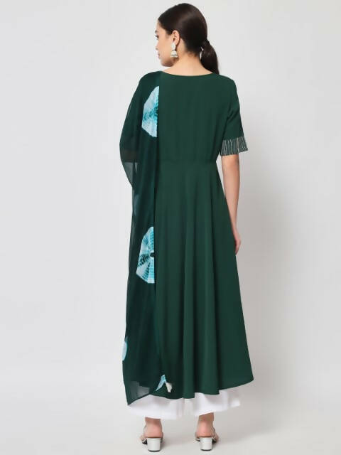 FIORRA Women's Bottle Green Poly Crepe Flared Kurta With Dupatta | Grocsy