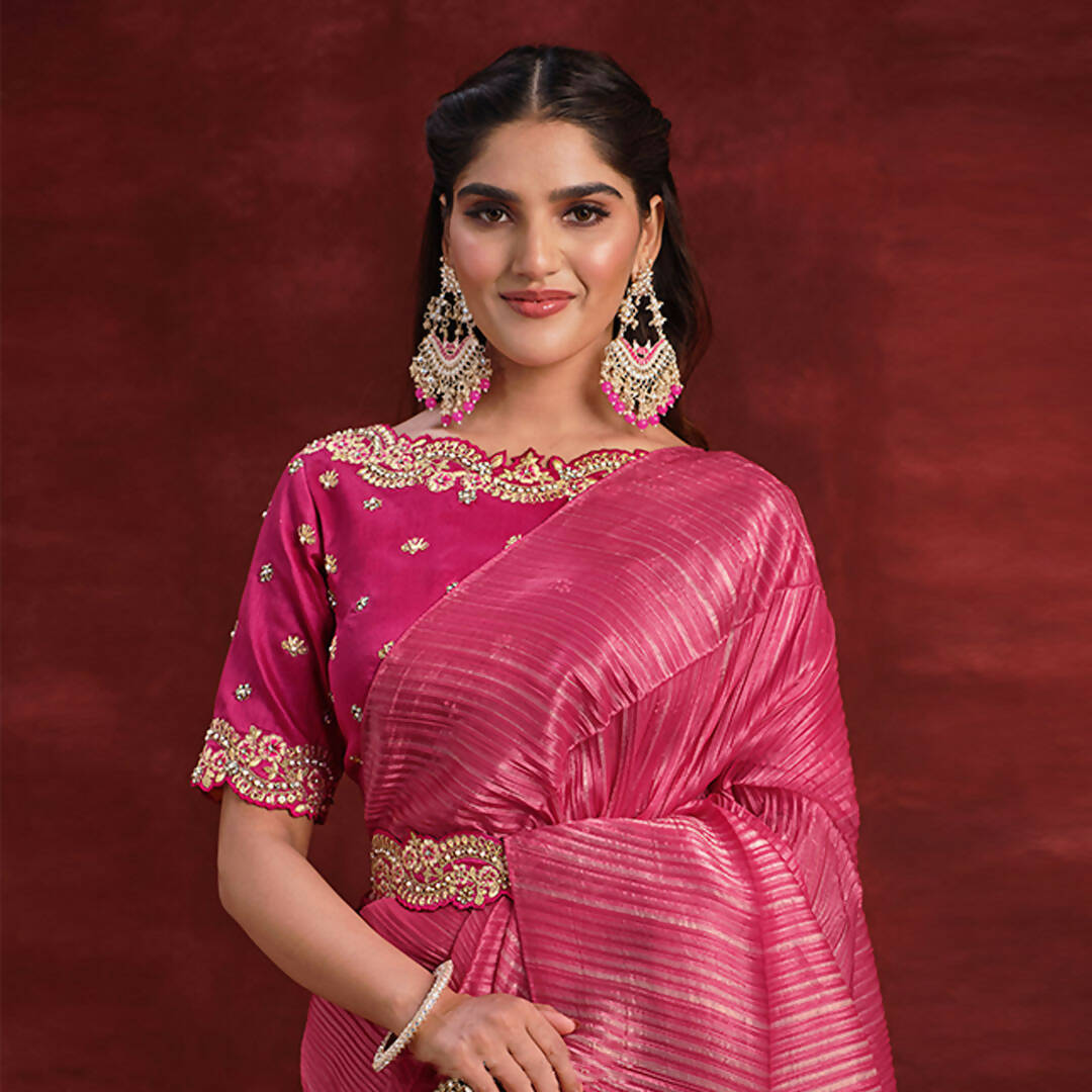 Pink & Beige Banarasi Crush Silk Sequence Thread & Stone Work/ Texture Pallu Saree - Mohmanthan Kimiya | Grocsy