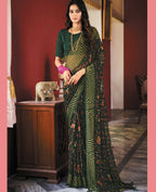 Green Georgette Brasso Floral Printed Saree With Unstitched Blouse Piece - Zyanya | Grocsy
