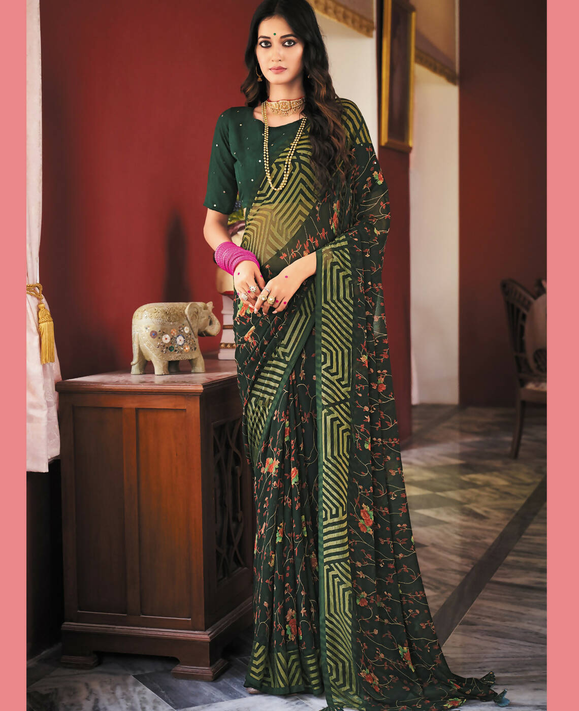 Green Georgette Brasso Floral Printed Saree With Unstitched Blouse Piece - Zyanya | Grocsy