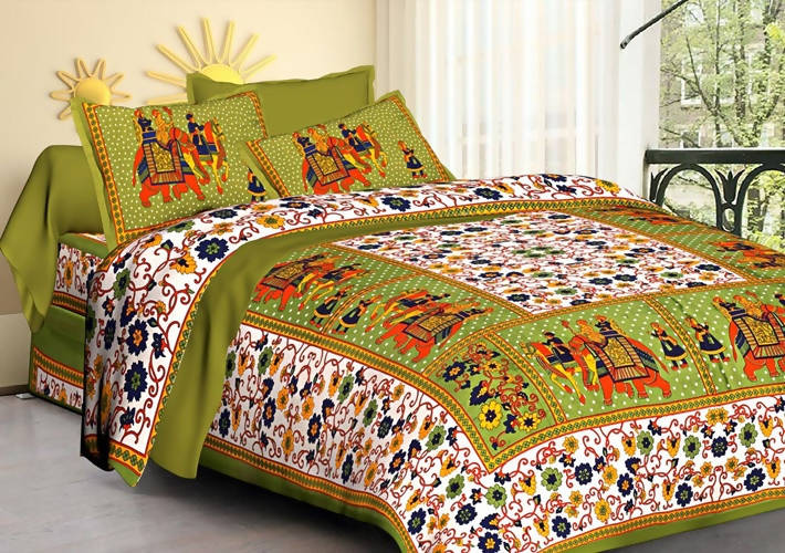 Vamika Printed Cotton Green Bedsheet With Pillow Covers (LEOC_HTHY_G) | Grocsy