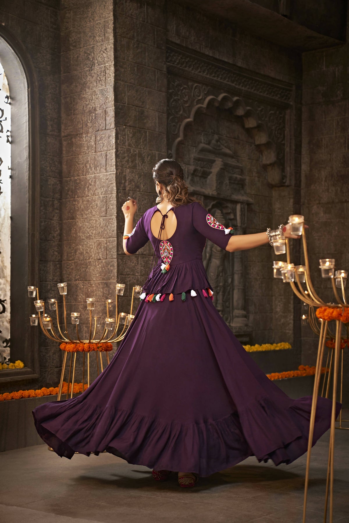 Purple Viscose Rayon Thread Embroidered Navratri Lehenga Choli with Dupatta - Raas | Grocsy